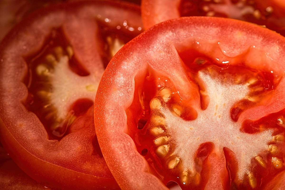 Tranches de tomates mûres avec graines exposées Tranches de tomates mûres avec graines exposées
